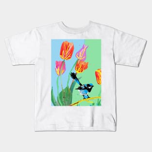 Abstract Blue Wren and Tulips Painting - on Blue and Light Green Kids T-Shirt